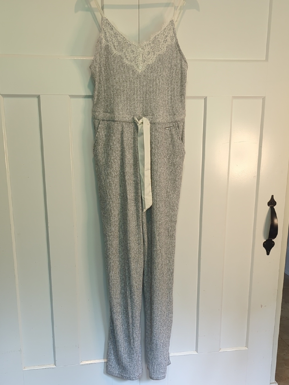 La Vie En Rose Grey Lace-Trim Jumpsuit Size M